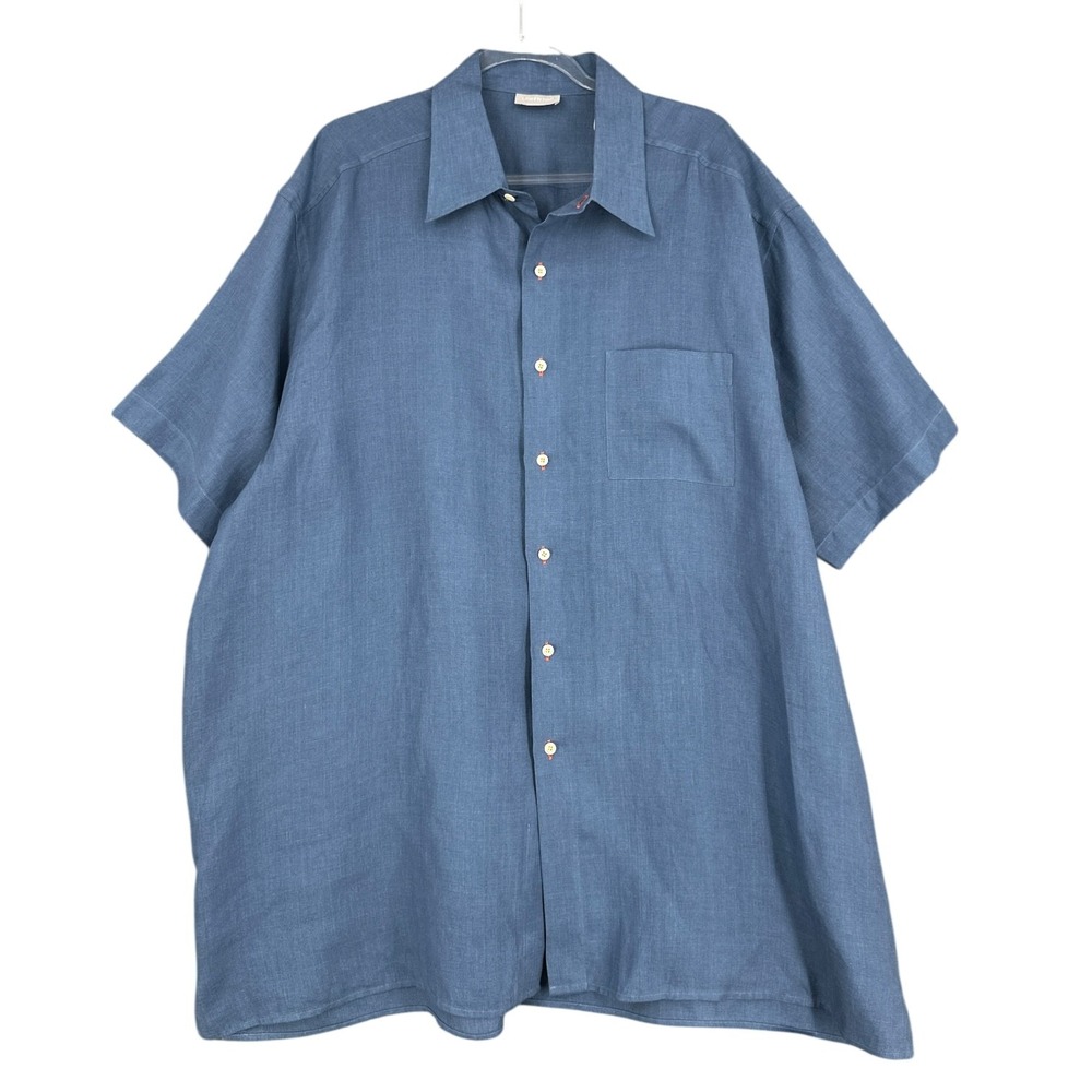 Lorenzini Mens Shirt Blue Linen Made in Italy Short Sleeve Button Up Designer 4X